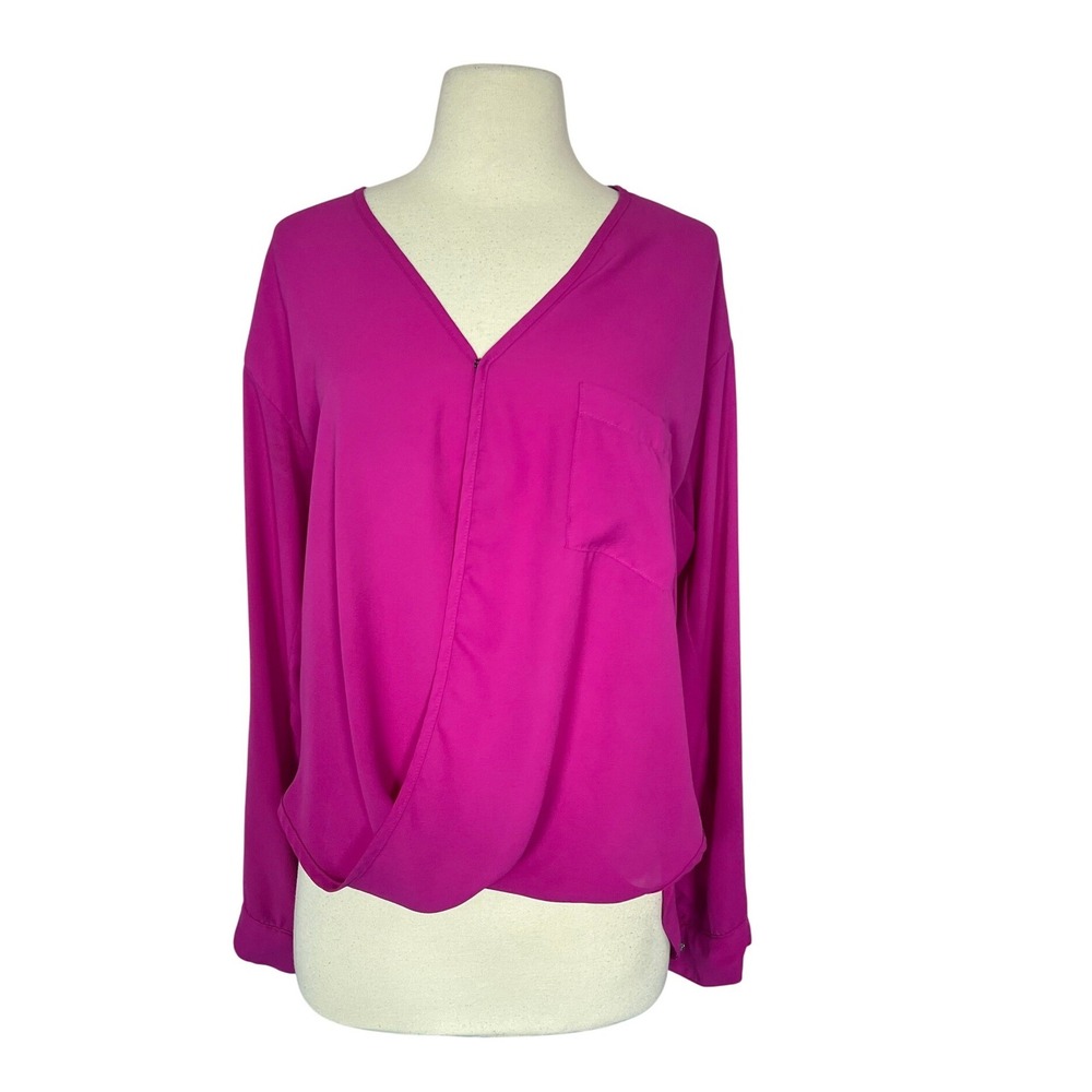 G By Guess Magenta Pink Portofino Wrap Front Roll Tab Sleeve Blouse Top V-Neck M